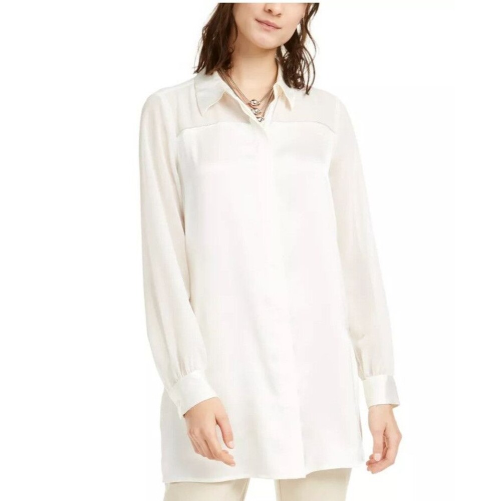 Alfani Womens Ivory Button Down Blouse Long Sleeves Collared Dress Shirt Size 0X